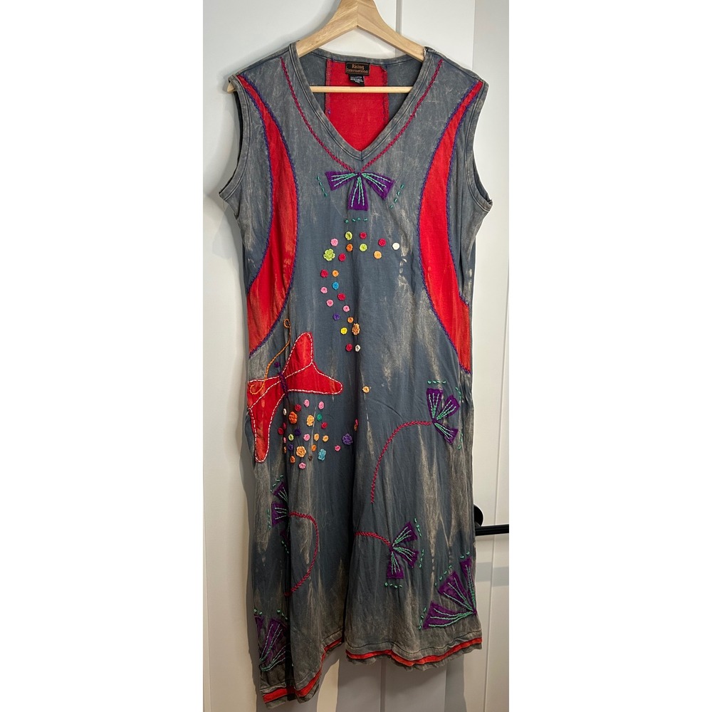 Rising International Womens 3XL Grey Red Acid‎ Wash Embroidered Boho Midi Dress